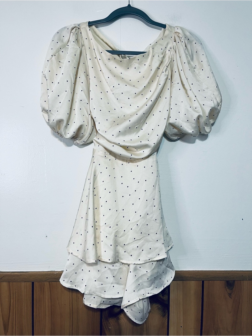 HYFVE shorts, dress Ivory Polka Dot Draped Puff-Sleeve Mini Dress - Picture 2 of 6